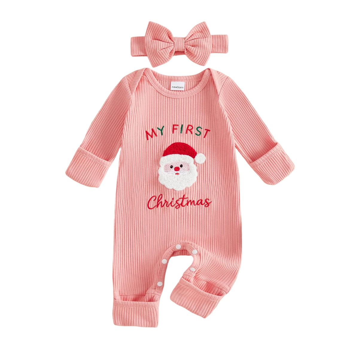 Newborn Baby Girl My First Christmas Santa Jumpsuit & Headband Set