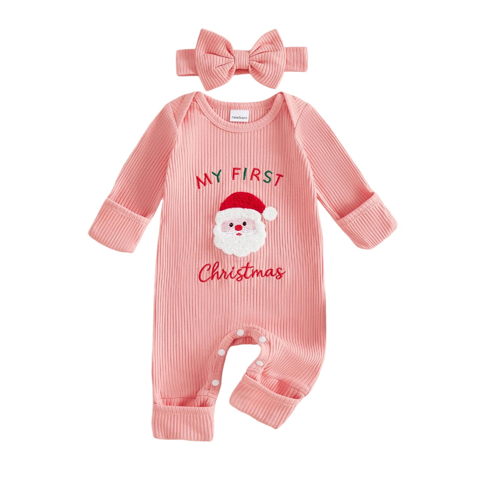 Newborn Baby Girl My First Christmas Santa Jumpsuit & Headband Set
