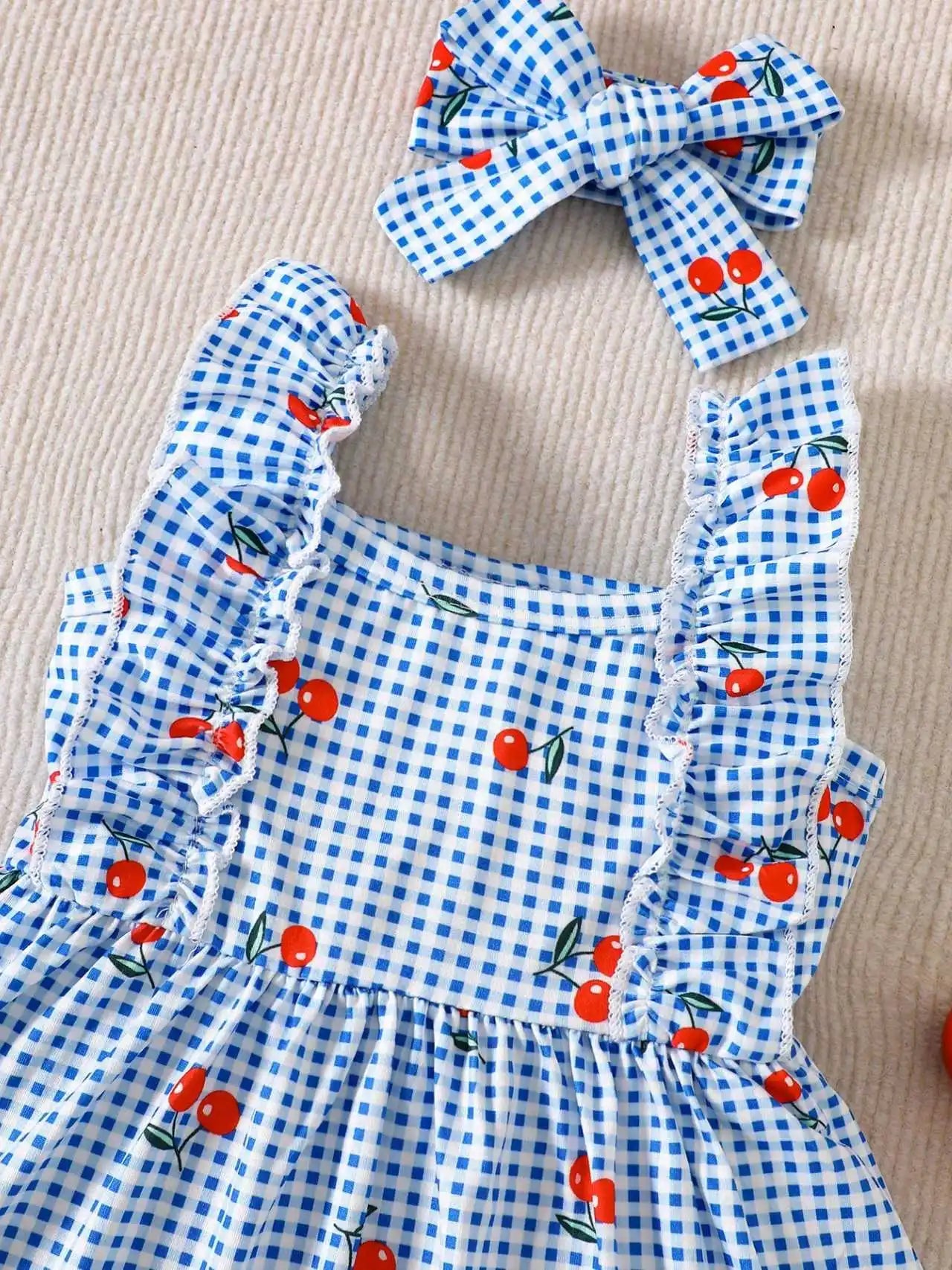 Baby Girl Cherry Plaid Ruffle Dress & Bow Headband 2-Piece Set