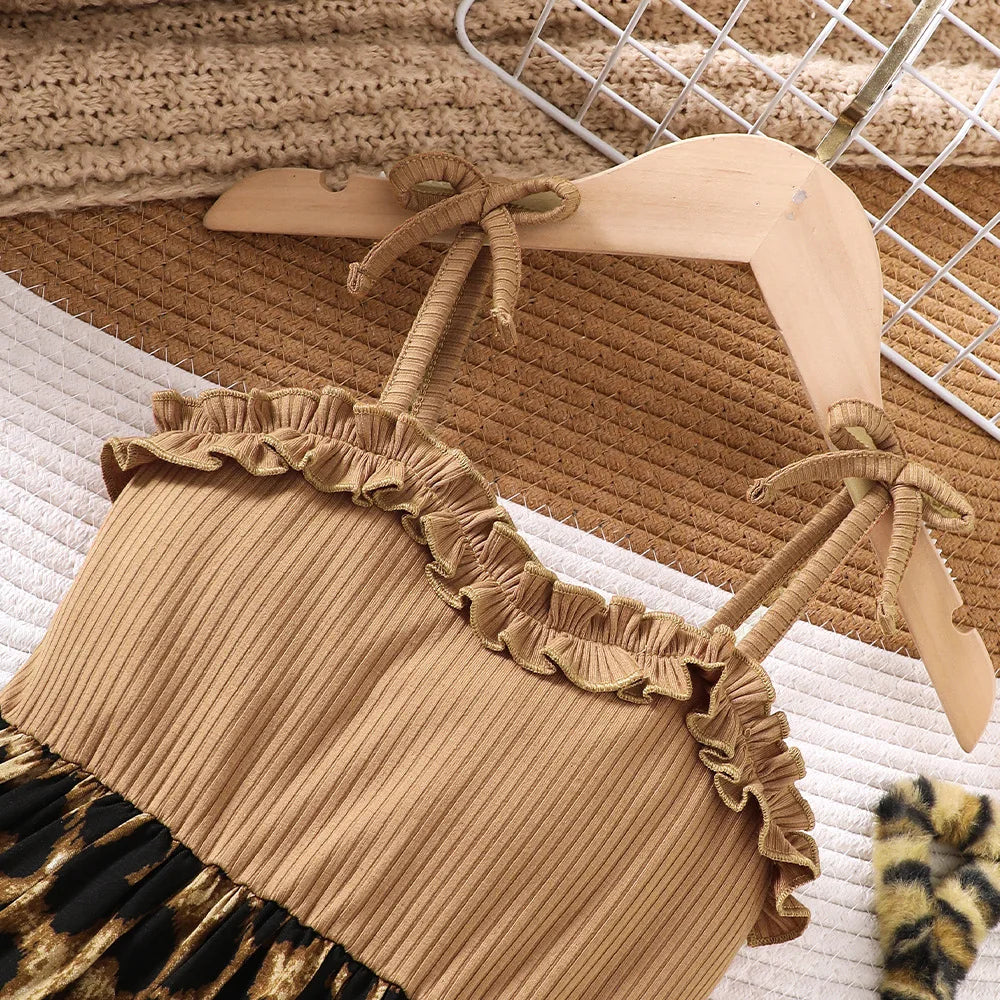 Girls' Khaki & Leopard Print Ruffle Cami Dress