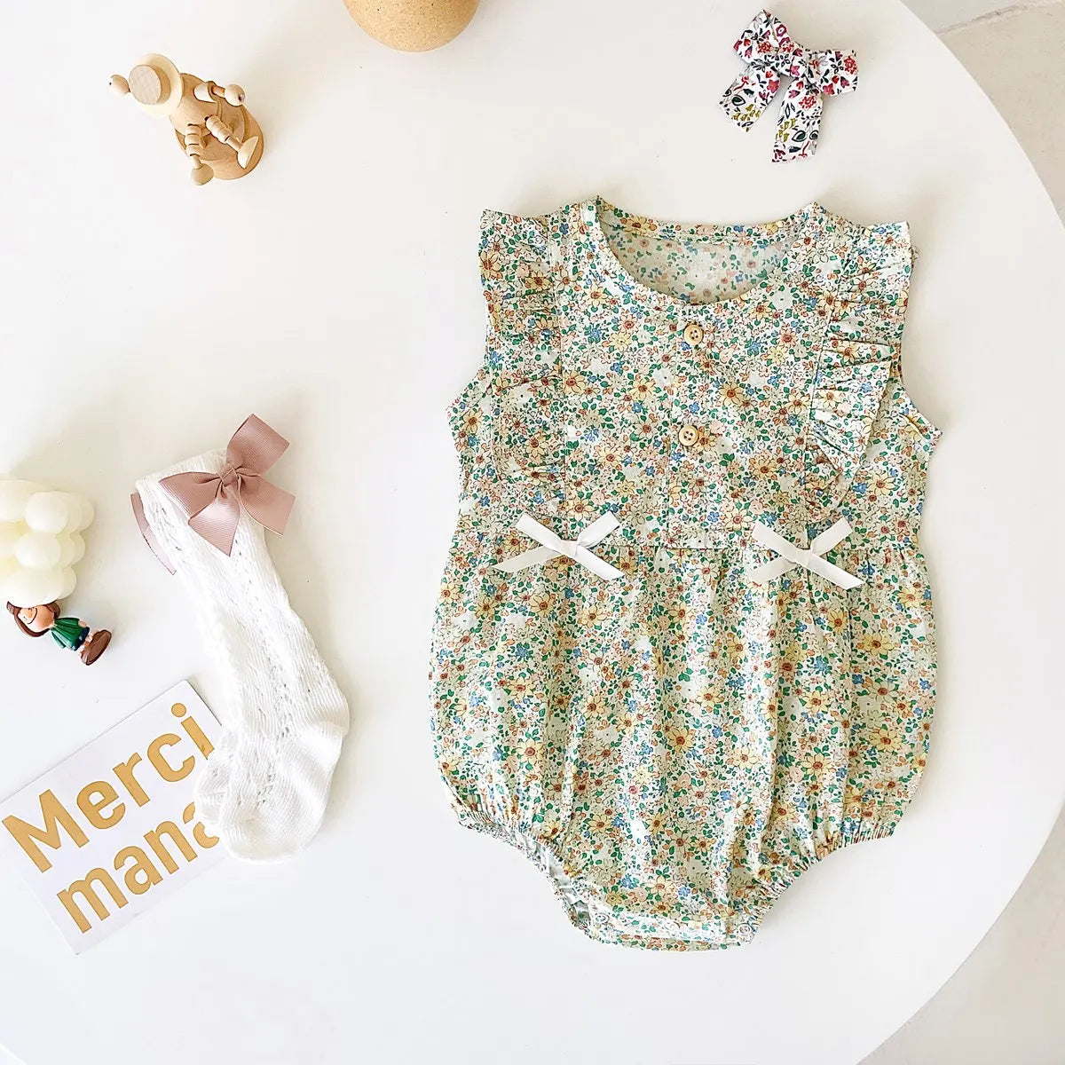 Baby Girl Floral Cotton Sleeveless Bow Bodysuit Romper
