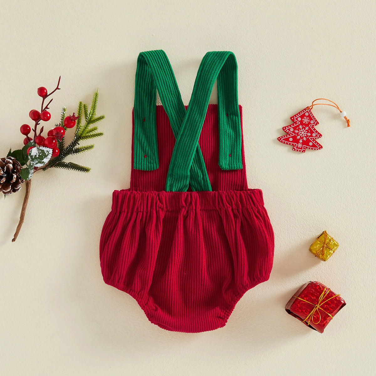 Baby Christmas Embroidered Suspender Bodysuit