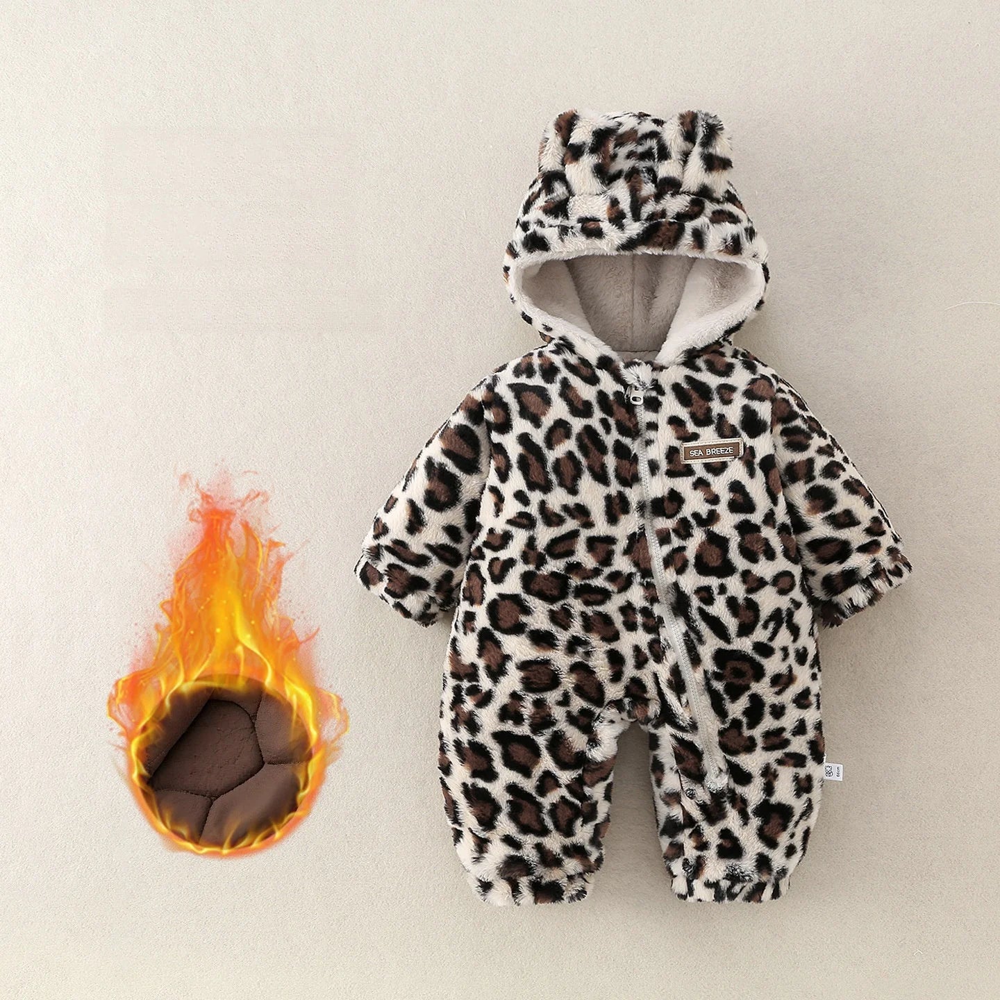 Baby Winter Hooded Romper with Fur Lining Leopard Print