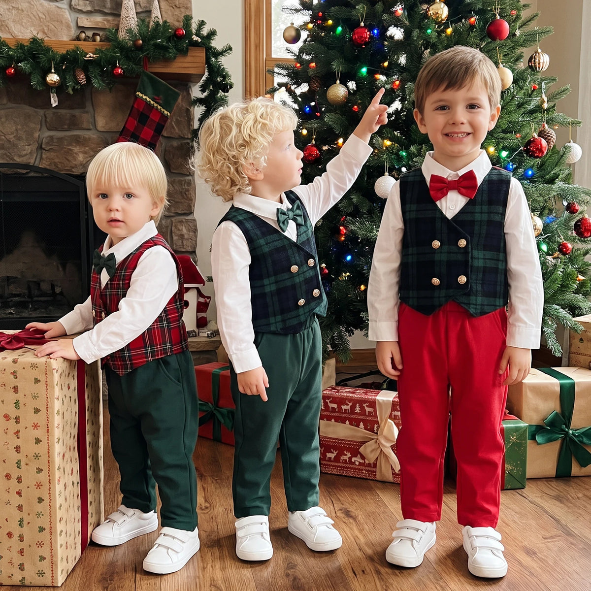 Boys Christmas Plaid Vest Outfit Set with Bow Tie & Pants