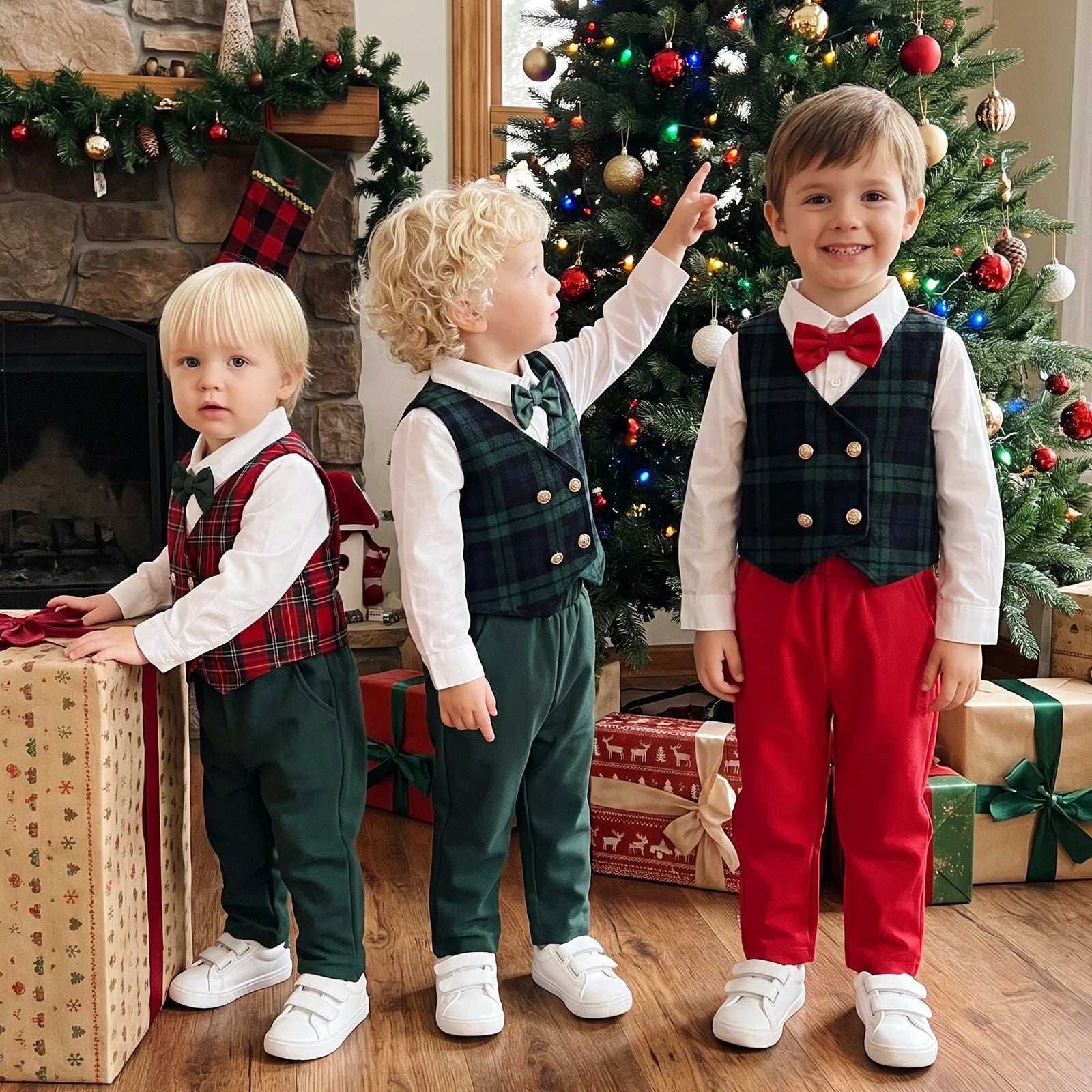 Boys Christmas Plaid Vest Outfit Set with Bow Tie & Pants