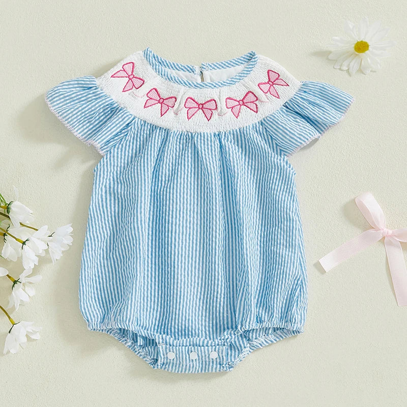 Smocked Bow Embroidered Baby Girl Romper