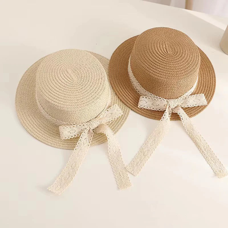 Adjustable Lace Bow Straw Sun Hat for Girls
