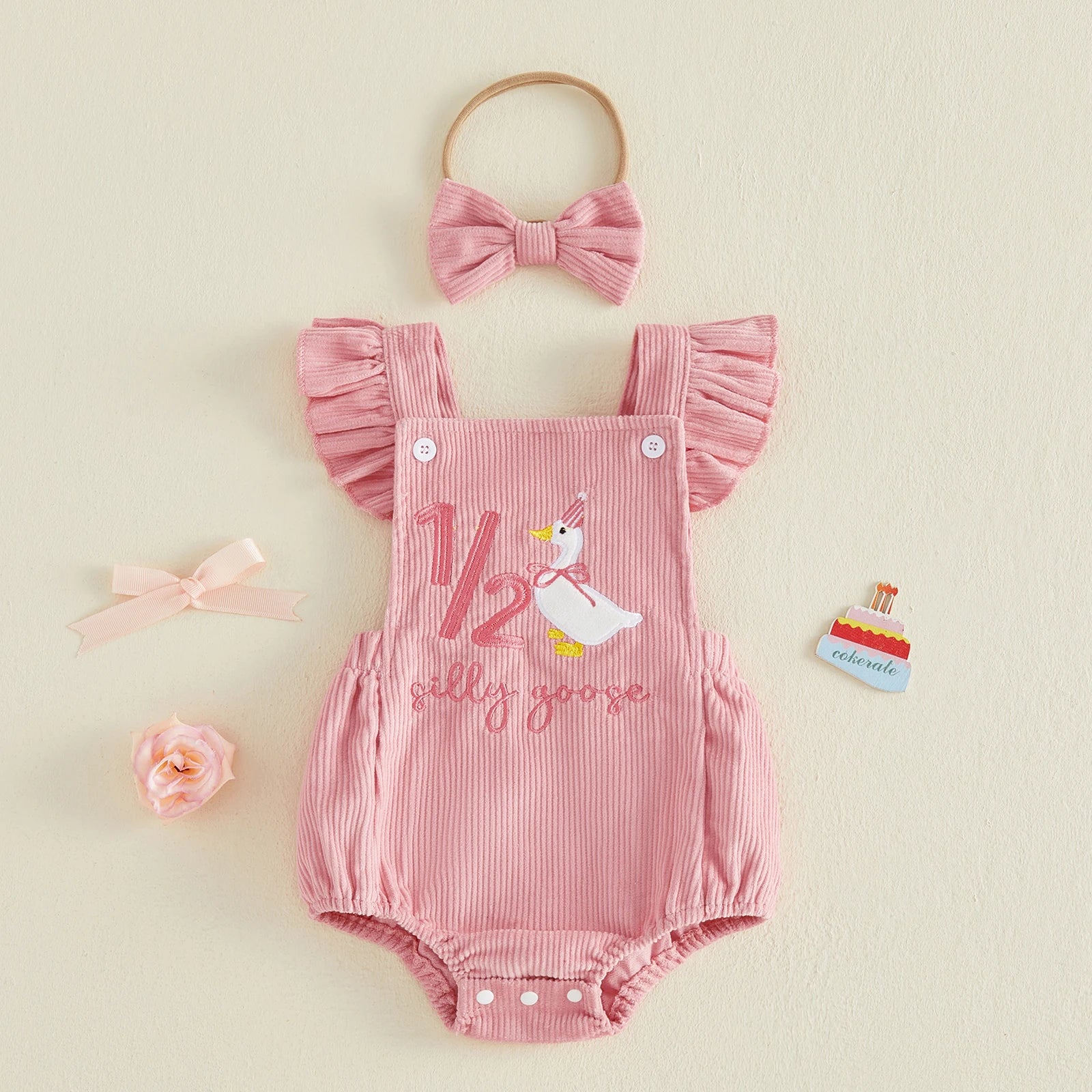 Baby Girl Birthday Outfit - Embroidered Fly Sleeves & Headband