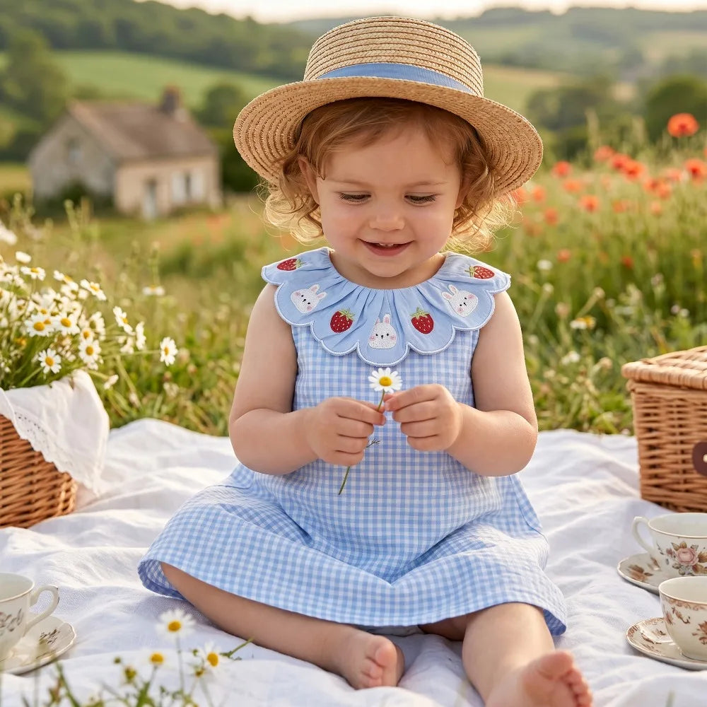 Baby Girl Rabbit Strawberry Floral Plaid Dress | Birthday Party Summer Dress