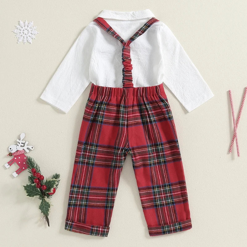 Baby Boy Gentleman Romper Set with Plaid Suspender Pants & Bow Tie