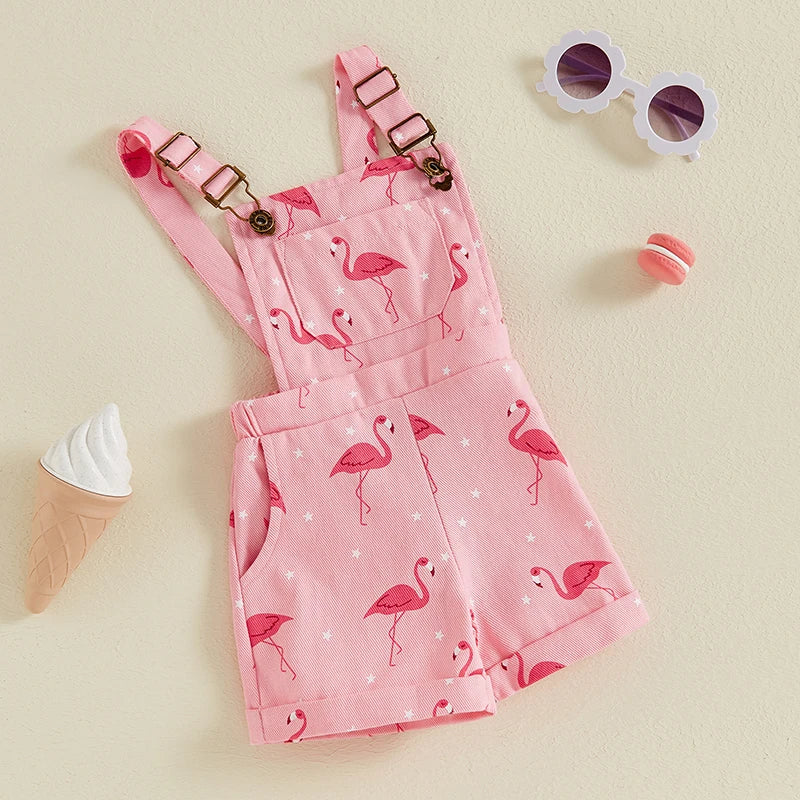 Girls Flamingo Print Denim Overalls