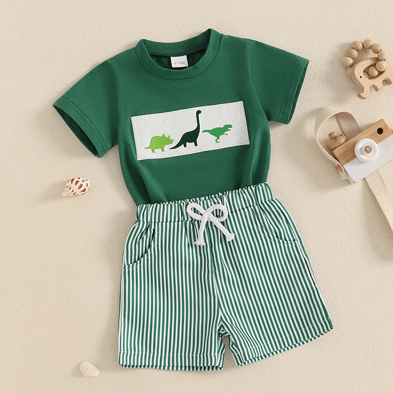Embroidered T-Shirt & Striped Shorts Set