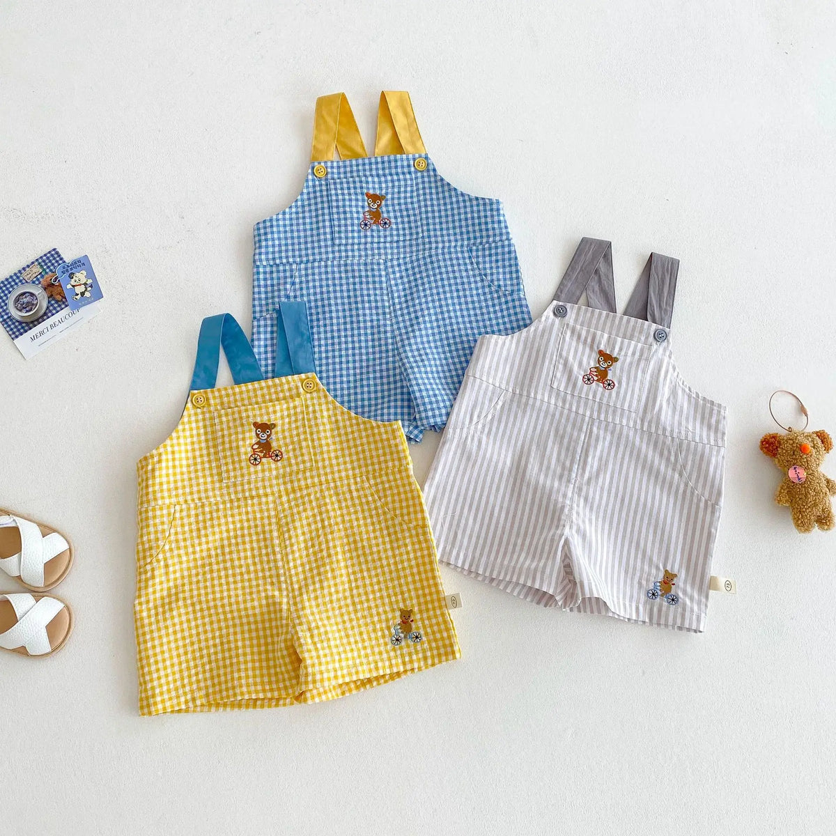 Unisex Checkered Overalls with Bear Embroidery
