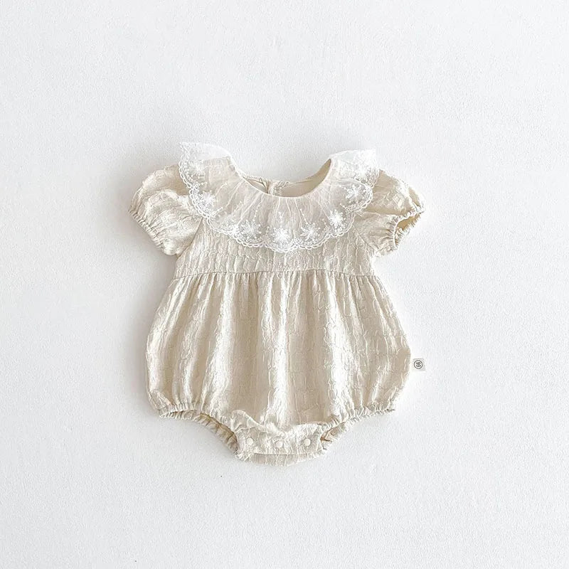 Baby Girl Lace Collar Bodysuit - Embroidered Short Sleeve One Piece