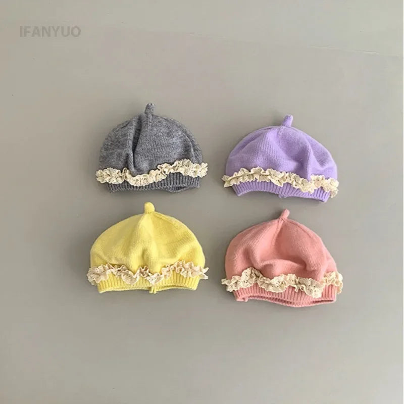 Baby Girl Lace Ruffle Knit Beret Soft Cotton Hat
