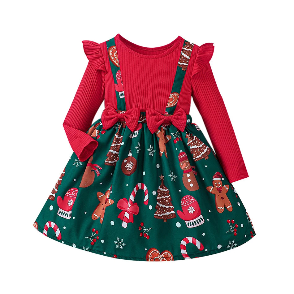 Girls Christmas Print Ruffle Dress