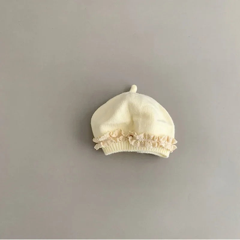 Baby Girl Lace Ruffle Knit Beret Soft Cotton Hat