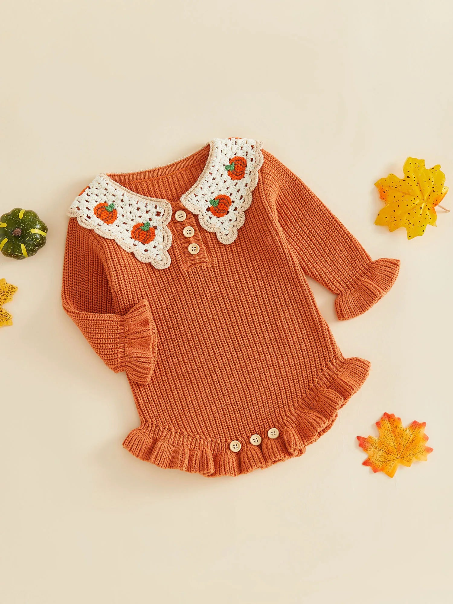 Baby Girl Pumpkin Embroidered Knit Romper