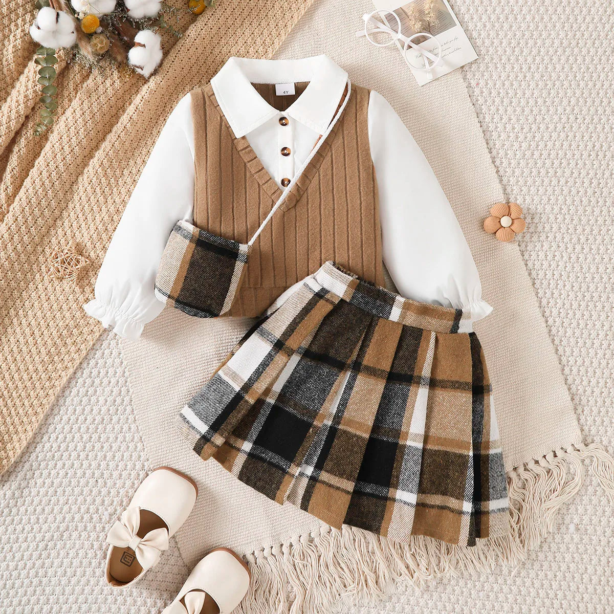Girls' 3-Piece College Style Set: Top, Checkered Skirt & Bag (4-7T)