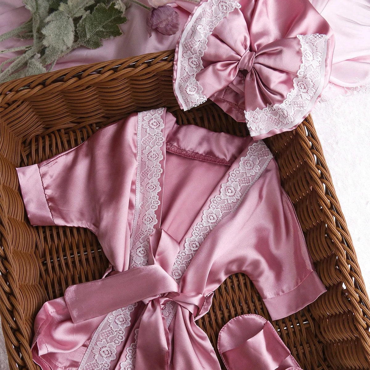 Newborn Lace Bathrobe Photo Set for Baby Girls - Robe, Turban Hat and Slippers