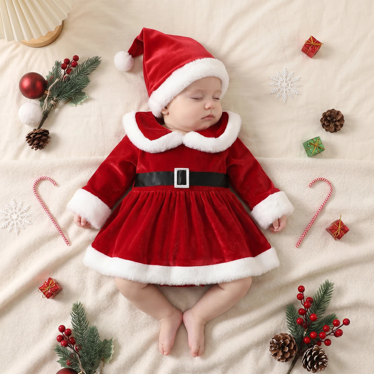 Baby Girl Christmas Romper & Santa Hat Set