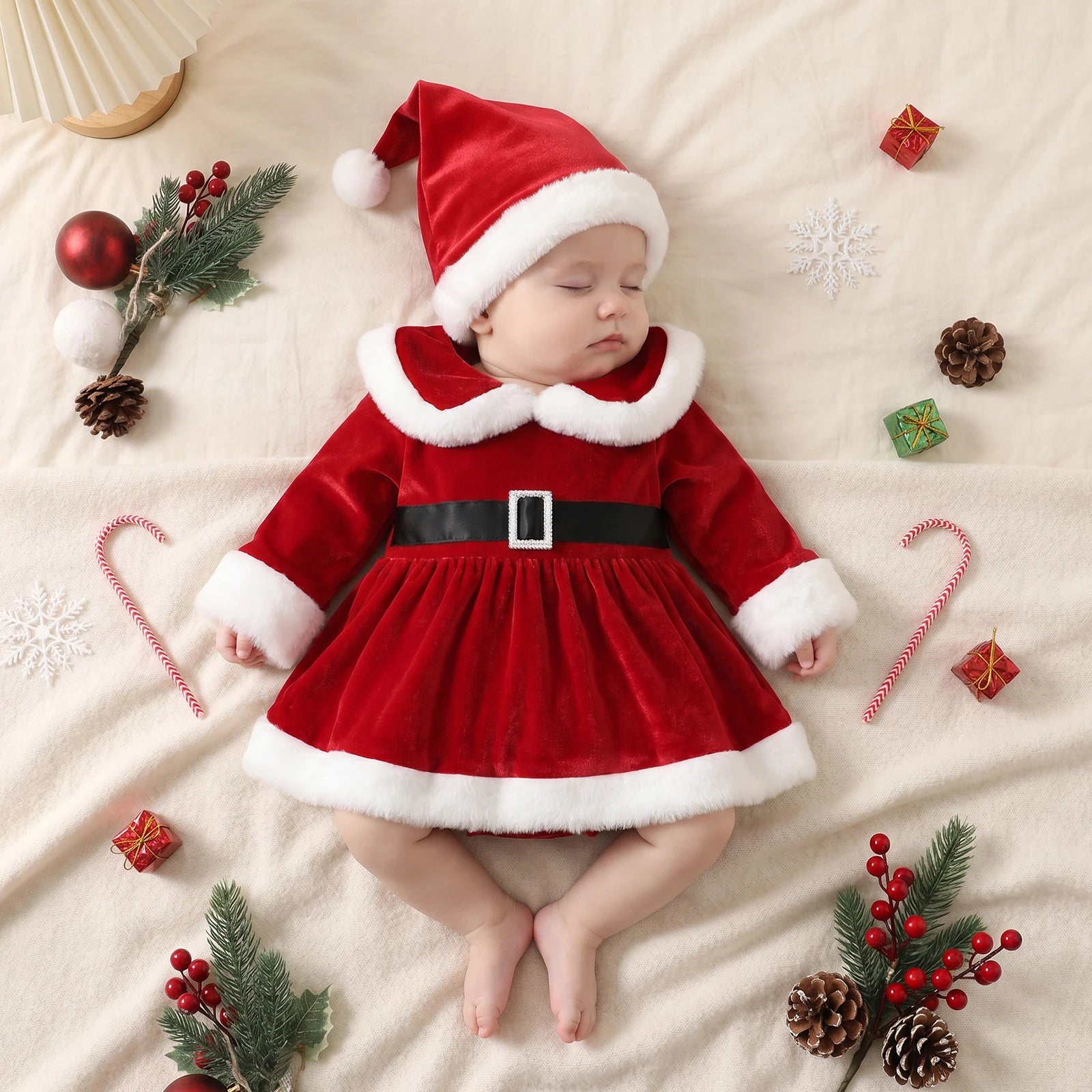 Baby Girl Christmas Romper & Santa Hat Set
