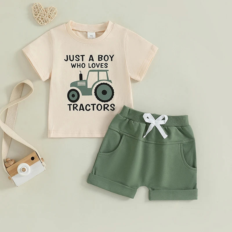 Toddler Boy's Tractor Print T-Shirt & Shorts Outfit