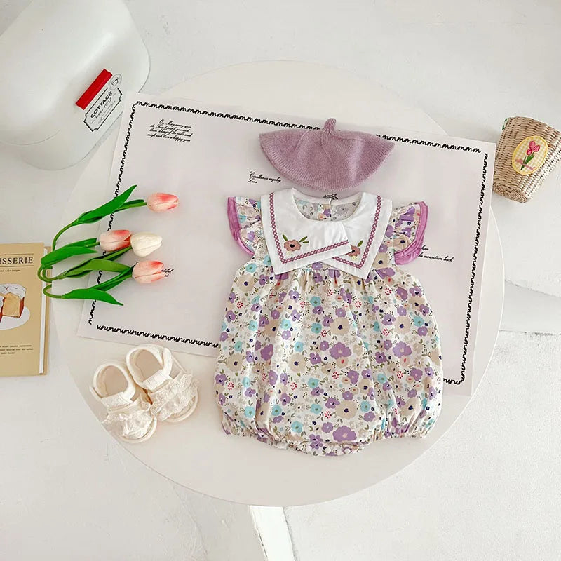 Baby Girl Floral Embroidery Square Collar Sleeveless Bodysuit | Newborn Jumpsuit