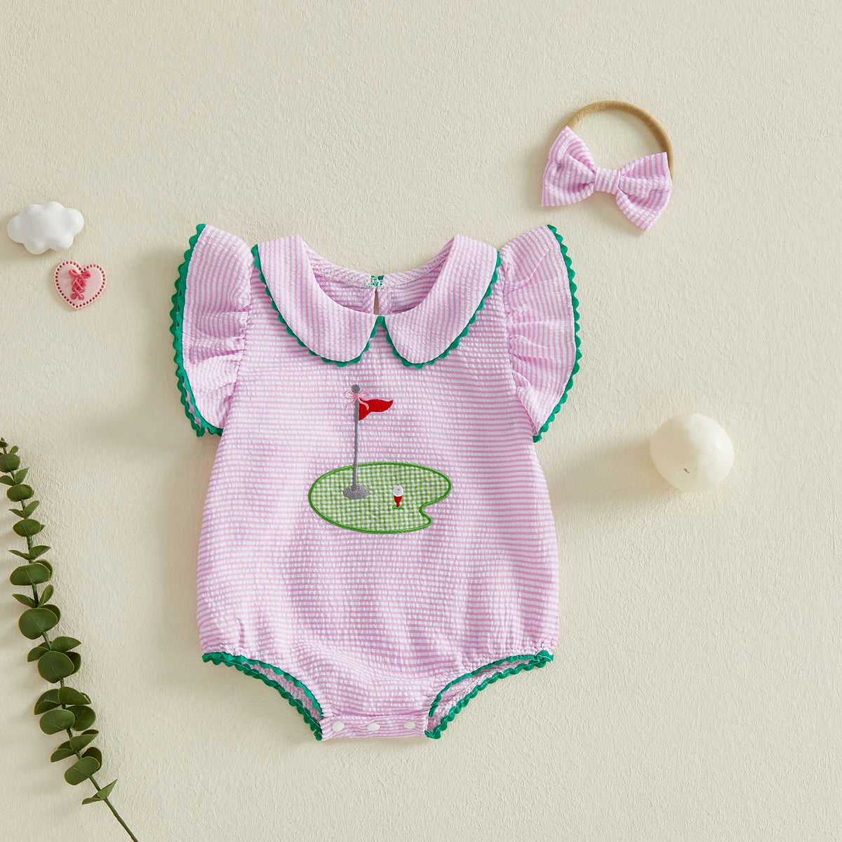 Girls' Golf Embroidery Seersucker Romper Set