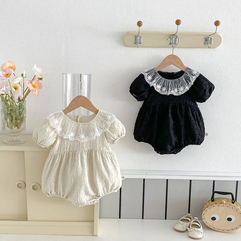 Baby Girl Lace Collar Bodysuit - Embroidered Short Sleeve One Piece