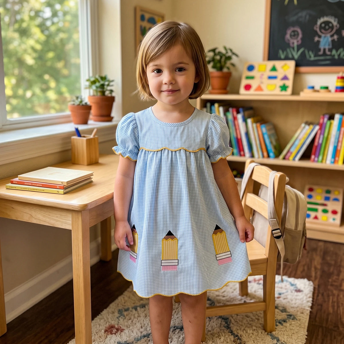Girls Blue Plaid Pencil Appliqué Puff Sleeve A-Line Back-to-School Dress
