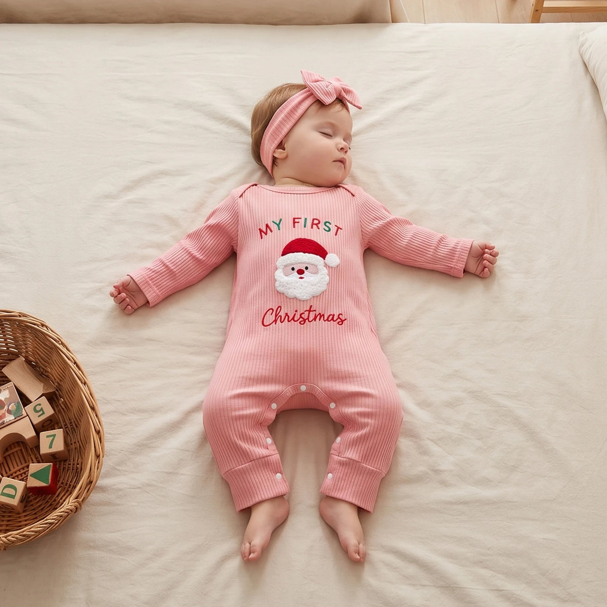 Newborn Baby Girl My First Christmas Santa Jumpsuit & Headband Set