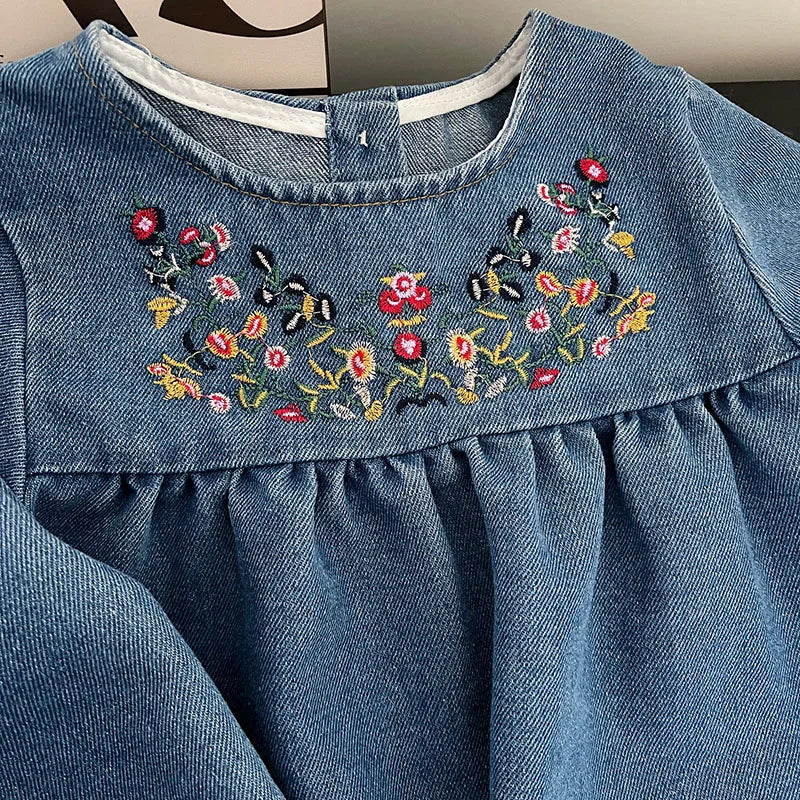 Girls Embroidered Long Sleeve Denim Dress