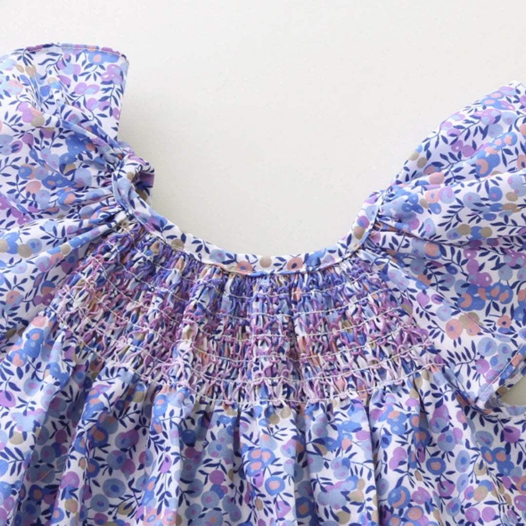 Girls' Summer Smocked Floral Dress with Ruffle Sleeves