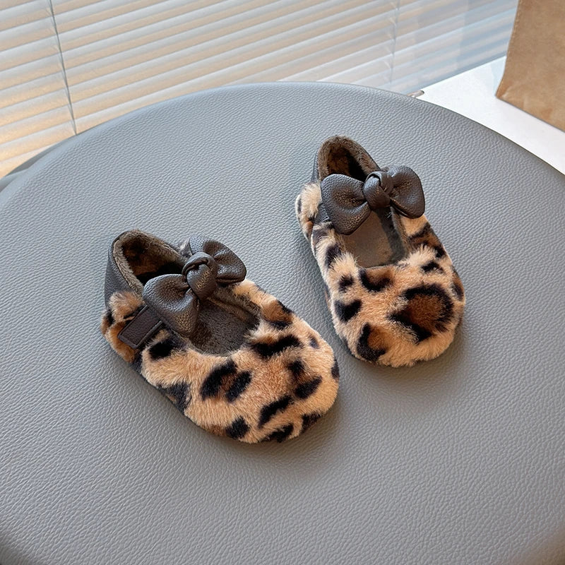 Girls' Fluffy Winter Flats with Leather Bow