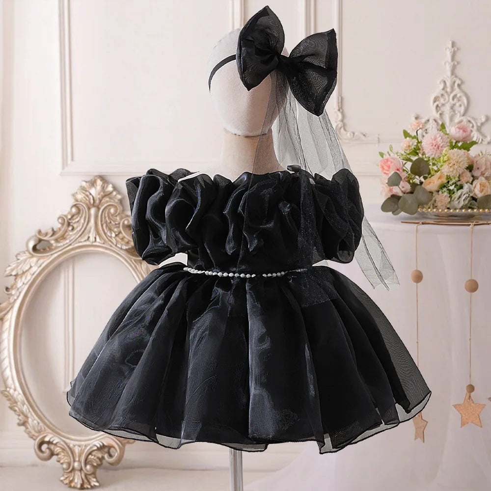 Girl's Black Couture Party Dress with Rosettes
