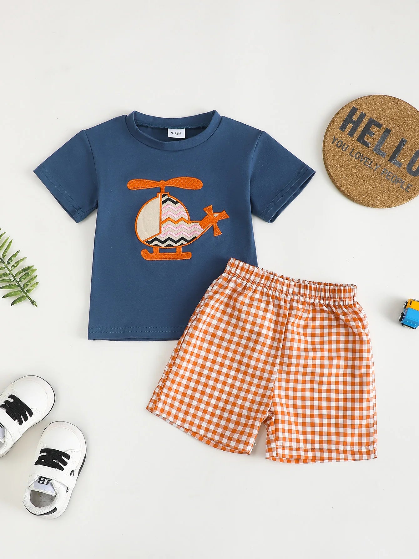 Helicopter Appliqué T-Shirt & Gingham Shorts Set