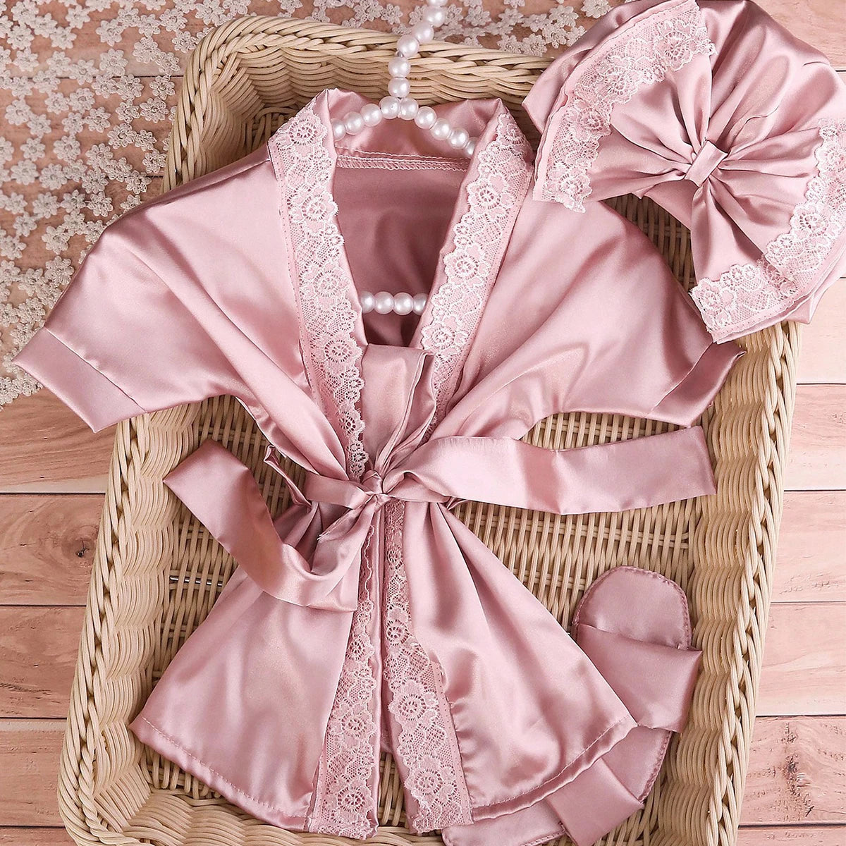Newborn Lace Bathrobe Photo Set for Baby Girls - Robe, Turban Hat and Slippers