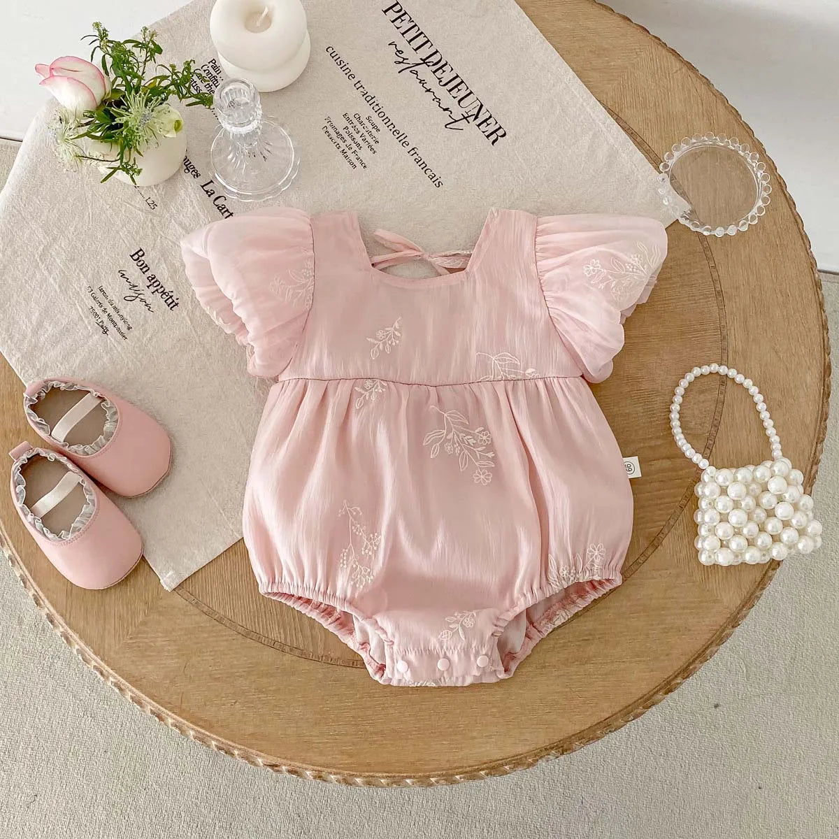 Baby Girl Embroidered Cotton Bubble Sleeve Princess Romper
