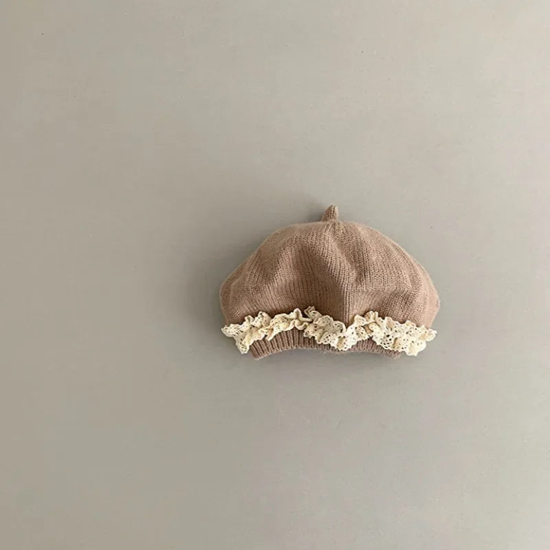Baby Girl Lace Ruffle Knit Beret Soft Cotton Hat