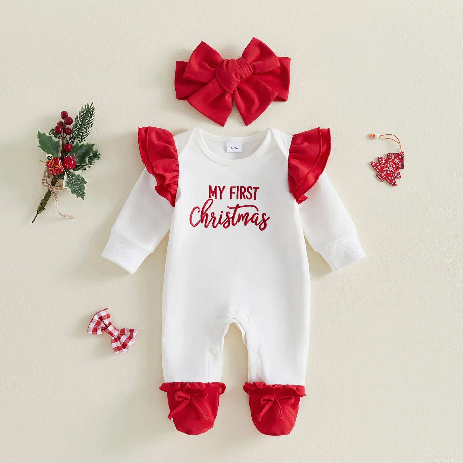 Baby Girl First Christmas Ruffle Romper & Headband Set