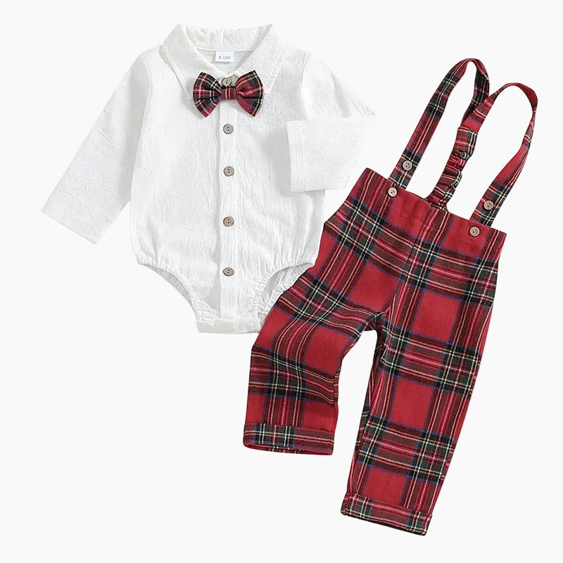 Baby Boy Gentleman Romper Set with Plaid Suspender Pants & Bow Tie
