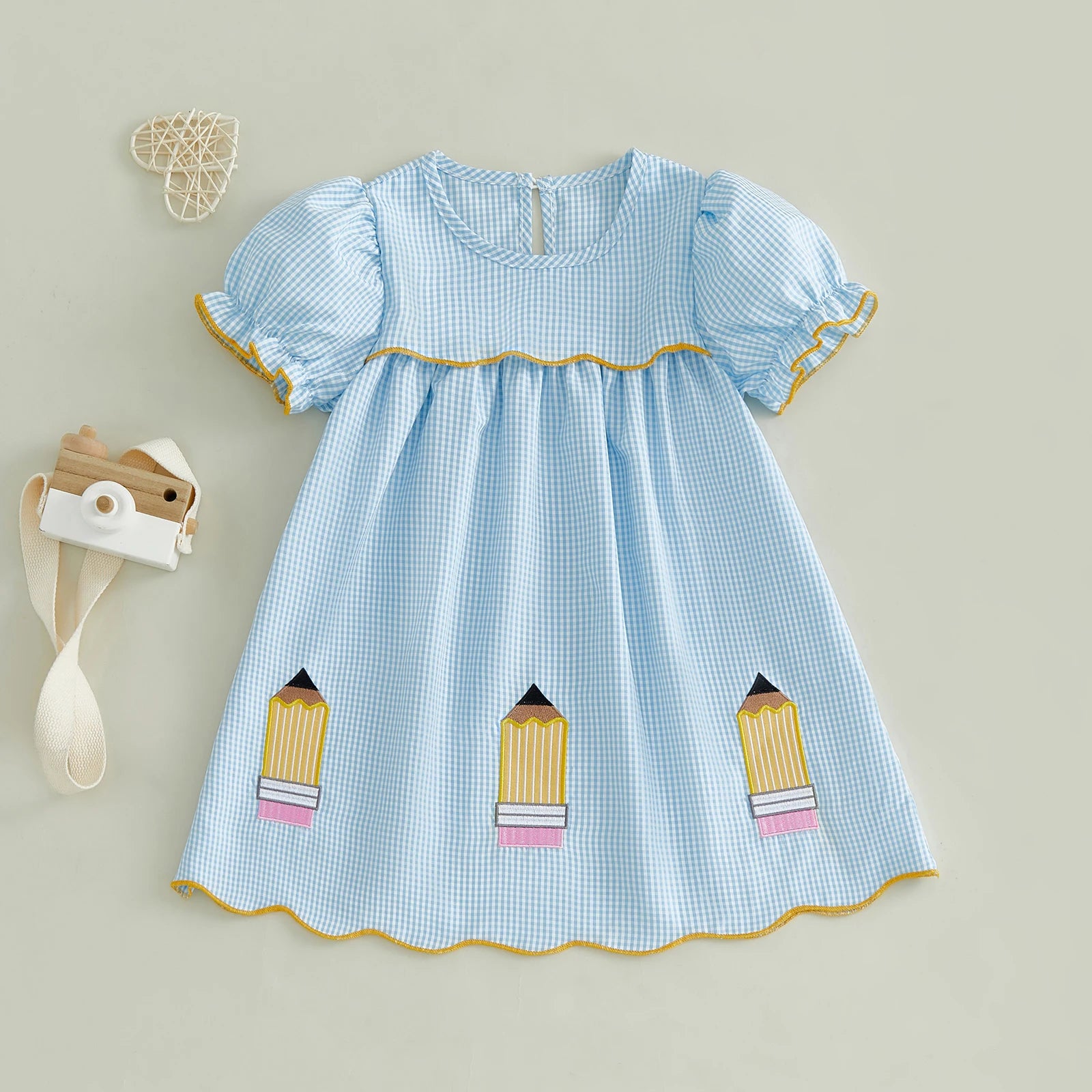 Girls Blue Plaid Pencil Appliqué Puff Sleeve A-Line Back-to-School Dress