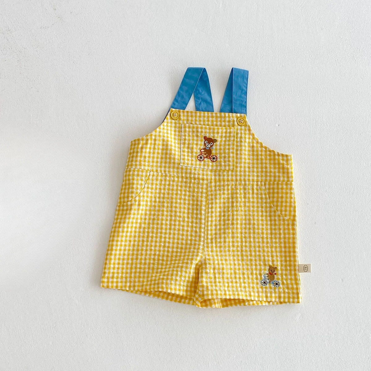 Unisex Checkered Overalls with Bear Embroidery