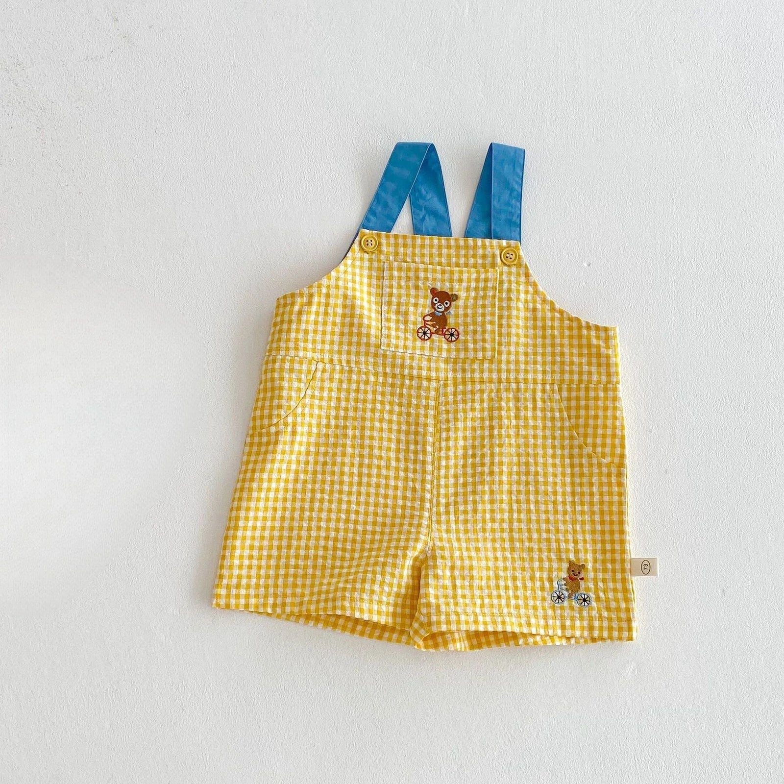 Unisex Checkered Overalls with Bear Embroidery
