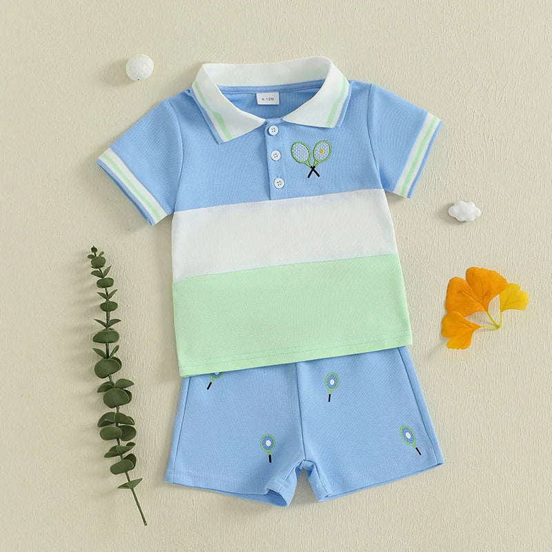 Baby Boy Tennis Ball Pattern Polo T-Shirt & Elastic Shorts 2-Piece Summer Set
