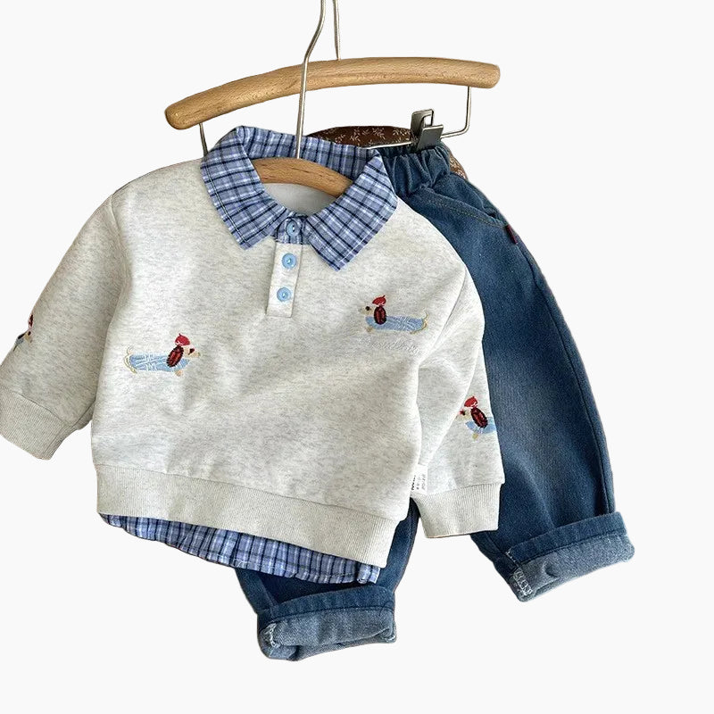 Boys Embroidered Plaid Collar Top &amp; Pants Set