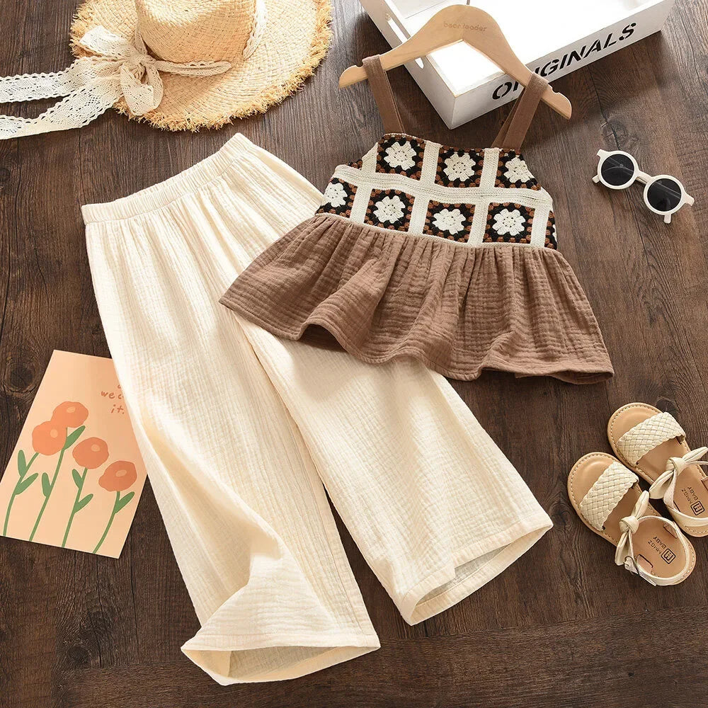 Girls Retro Plaid Top and Beige Pants Set