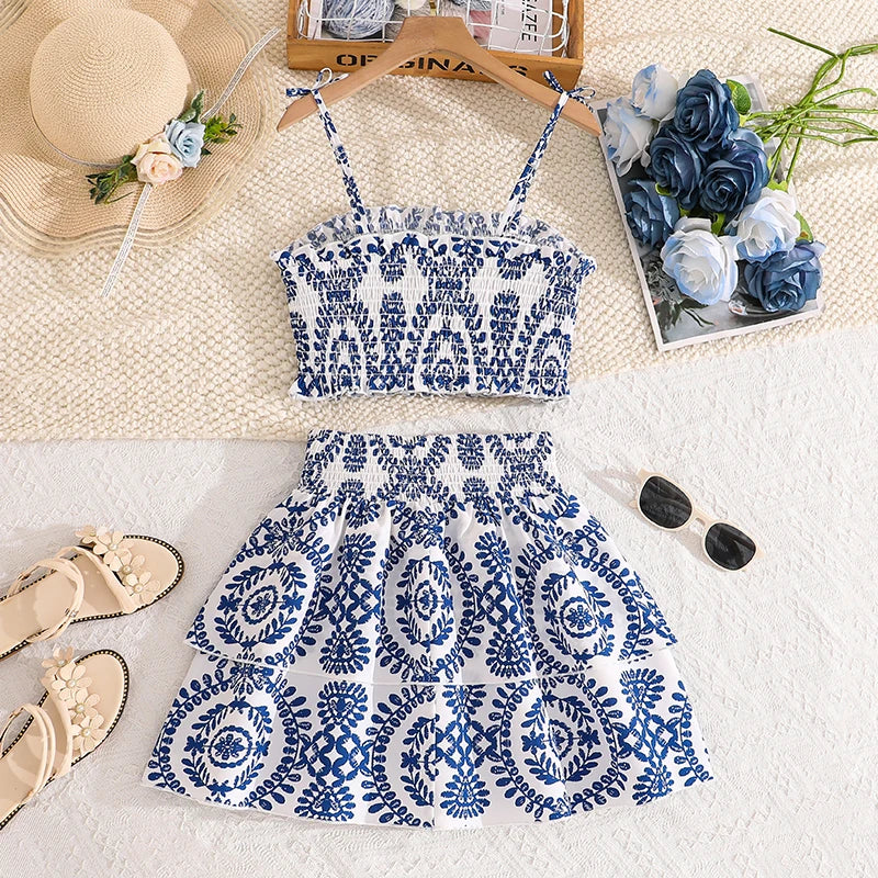 Girls Blue White Floral Smocked Spaghetti Strap Top & Tiered Skirt Set