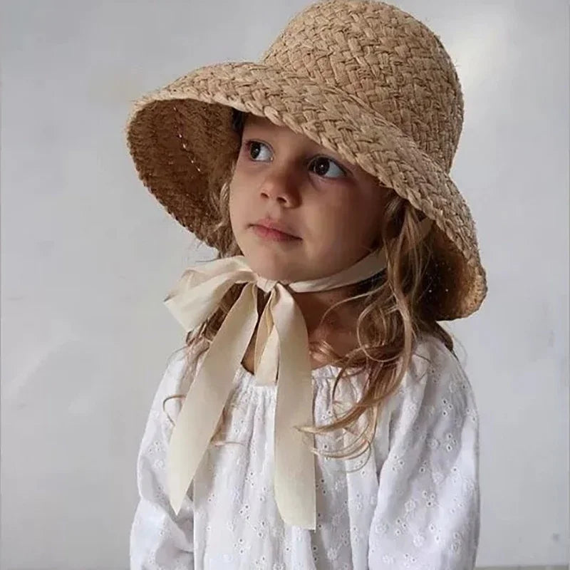 Classic Hepburn-Style Straw Sun Hat for Girls